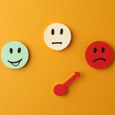 Mood indicator on yellow background, flat lay. Emotional managem
