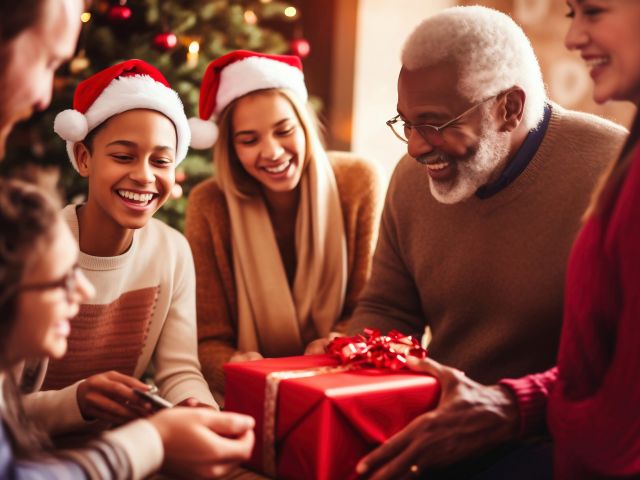 A group of people sitting around a christmas tree