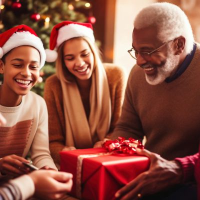 Photo of people gathered around a beautifully decorated Christmas tree