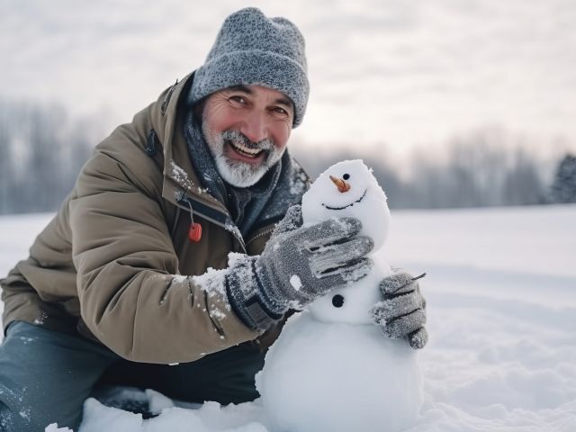 Happy senior man making snowman in winter forest. Smiling old man making snowman outdoors.