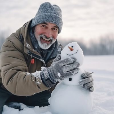 Happy senior man making snowman in winter forest. Smiling old man making snowman outdoors.