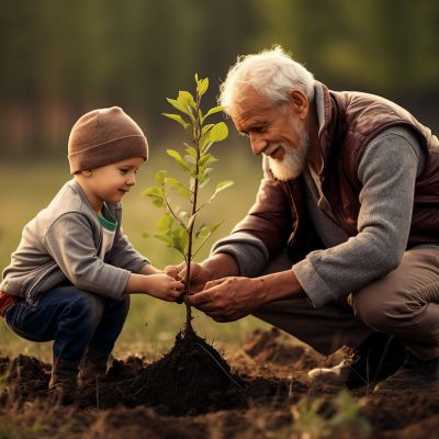 old man plant tree with child boy