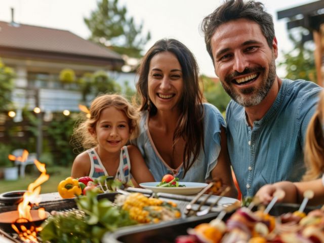 Joyful family of four enjoying backyard barbecue on Independence Day, close-up of smiling faces and vibrant food, sunny summer evening.