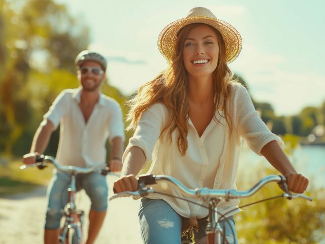 Couple riding a bike on a path close to the lake