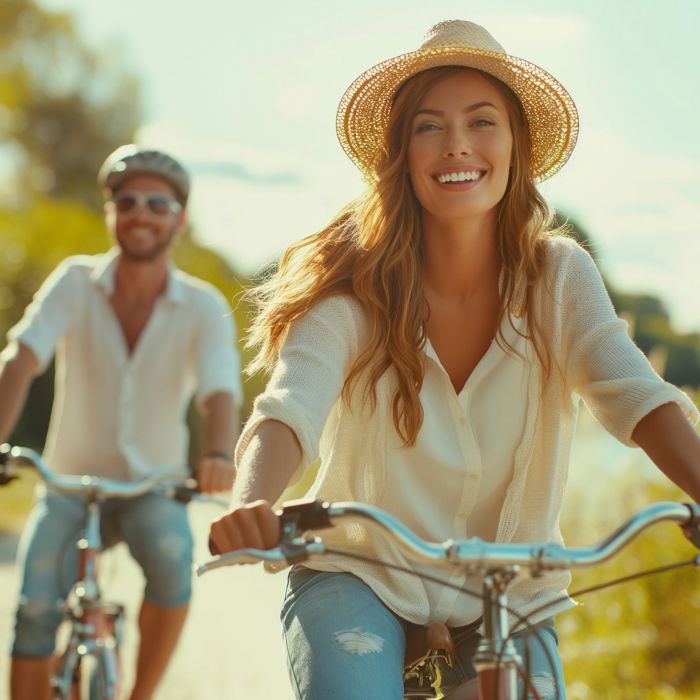 Couple riding a bike on a path close to the lake