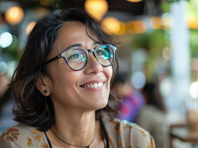 A content woman wearing glasses looking up and smiling with a bright, hopeful expression
