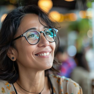 A content woman wearing glasses looking up and smiling with a bright, hopeful expression
